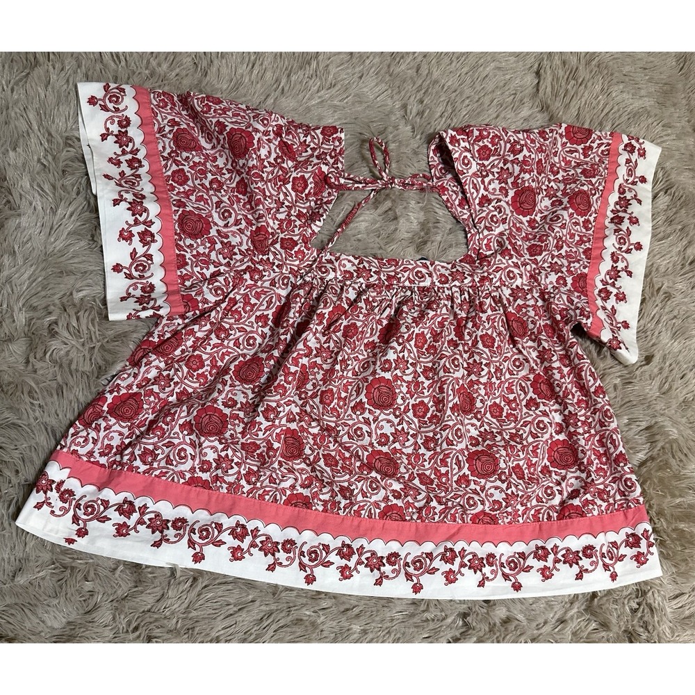 UNIVERSAL THREAD Red Pink Floral Cotton Blouse Top Square Neck Open Tie Back M